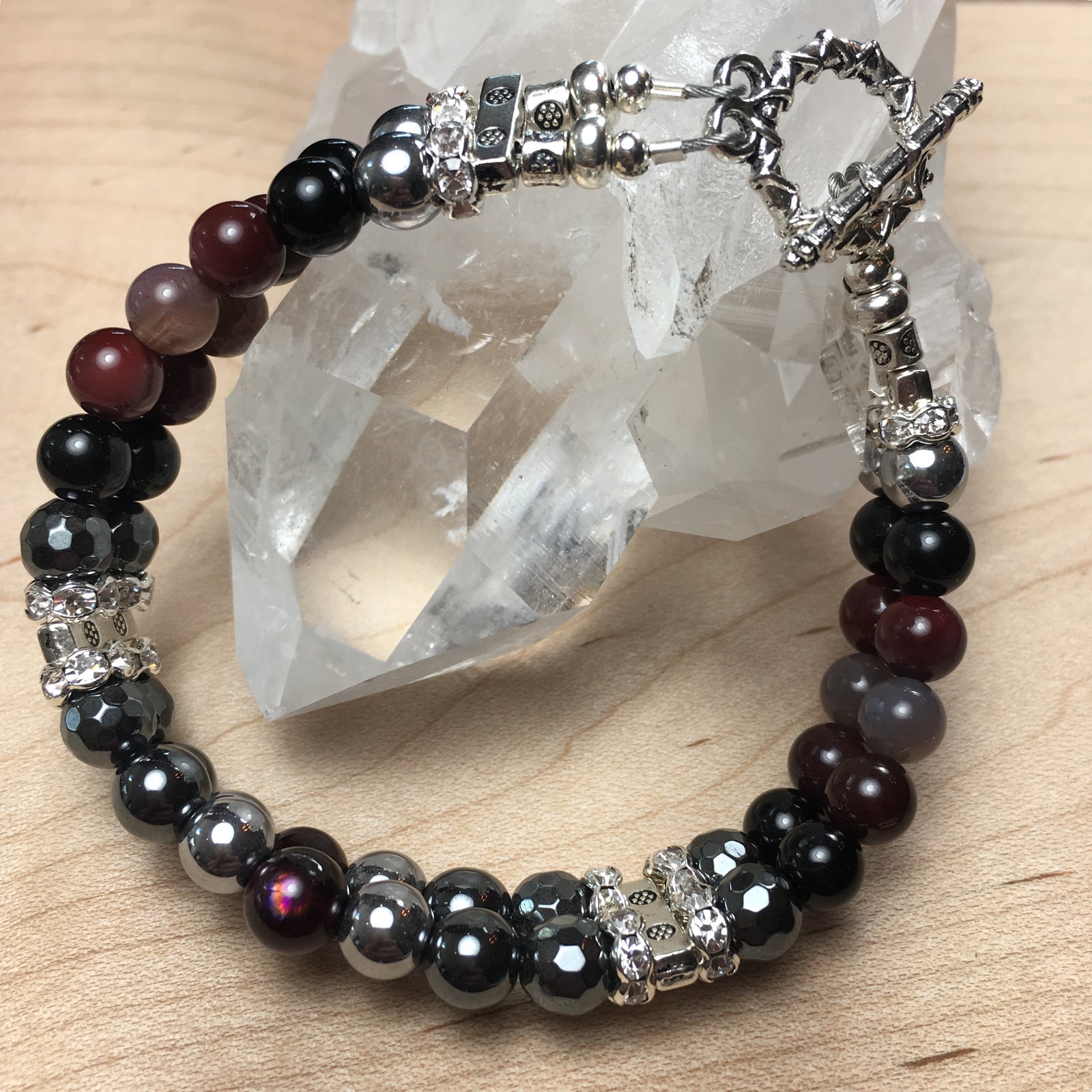 Black Tourmaline, Black Agate, Hematite, Garnet, Mookaite, Botswana Agate Double Bracelet