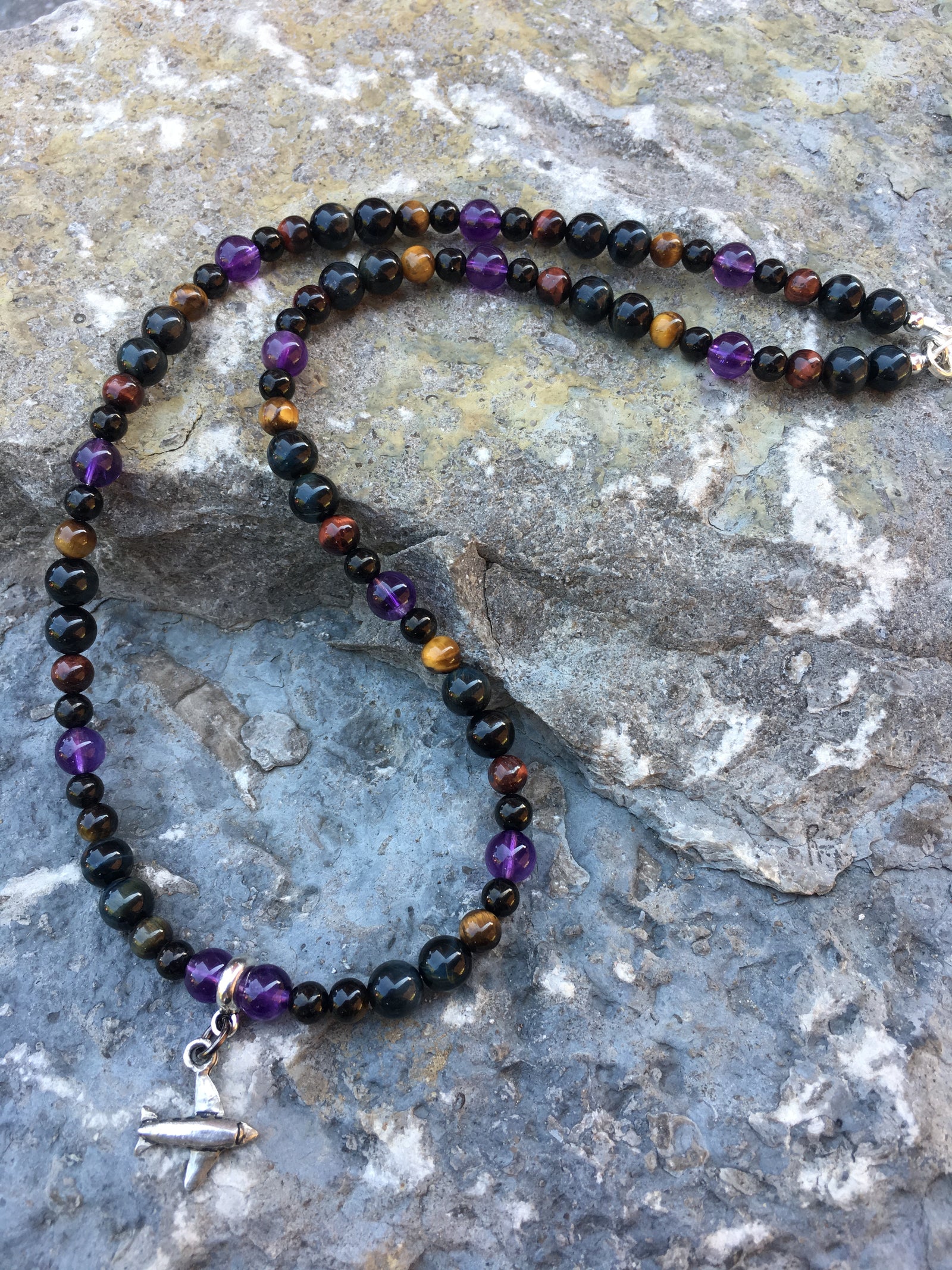 Blue Tiger's Eye, Amethyst, Variegated Tiger's Eye, Jet Necklace with Plane Charm