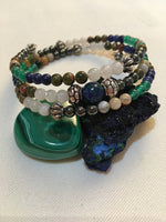 Mala Chakra Bracelet: Hematite, Ocean Jasper, Green Agate, Sodalite, Unakite, and Moonstone with Azurite Guru Stone