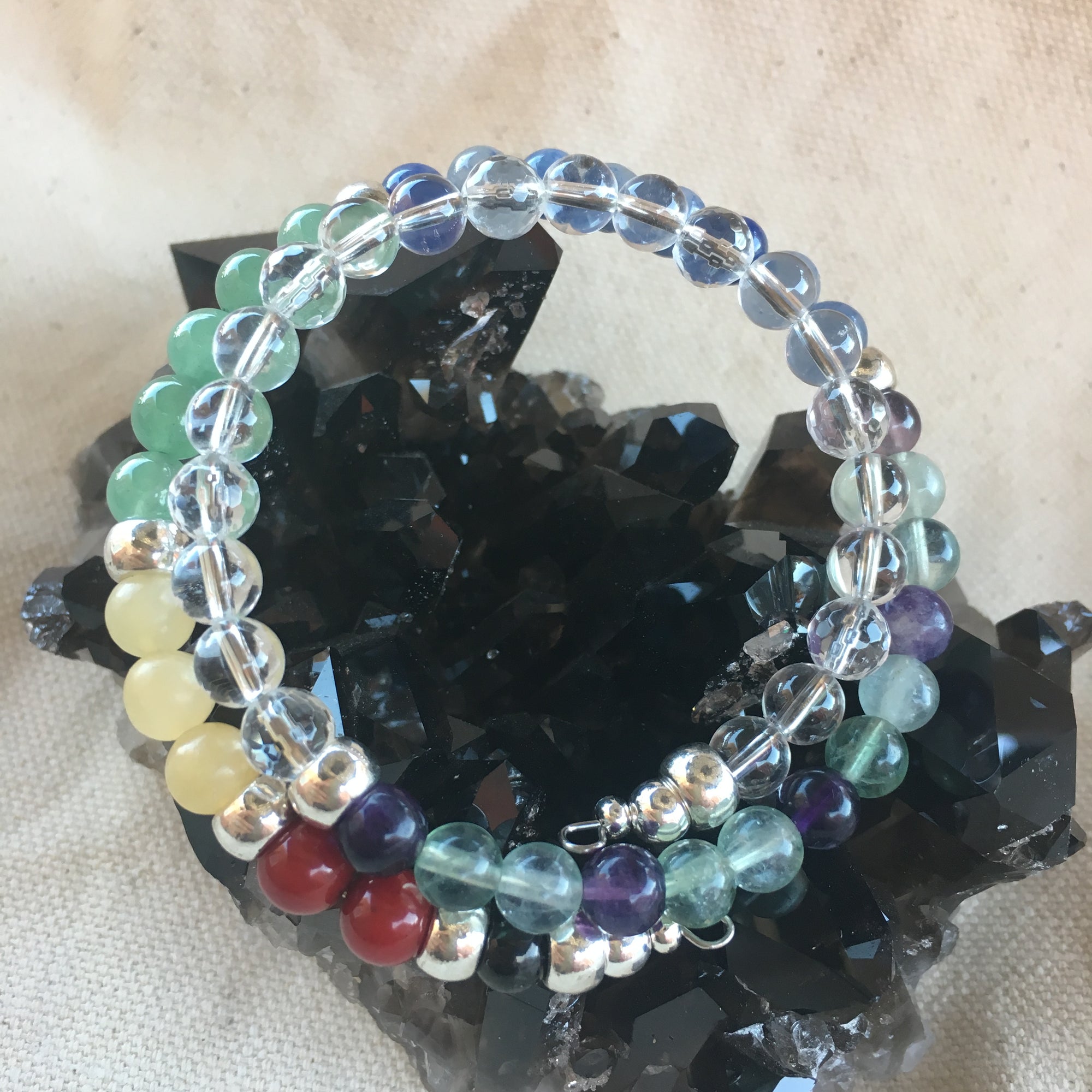 Fibonacci Spiral Sequence Chakra Bracelet with Jet, Red Coral, Yellow Calcite, Green Aventurine, Blue Aventurine, Fluorite, Clear Quartz