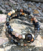 MALA Chakra Bracelet with Black Sandalwood, Polychrome Jasper, Crazy Lace Agate, Labradorite, Snowflake Obsidian, Moonstone, and Petrified Wood Guru Stone