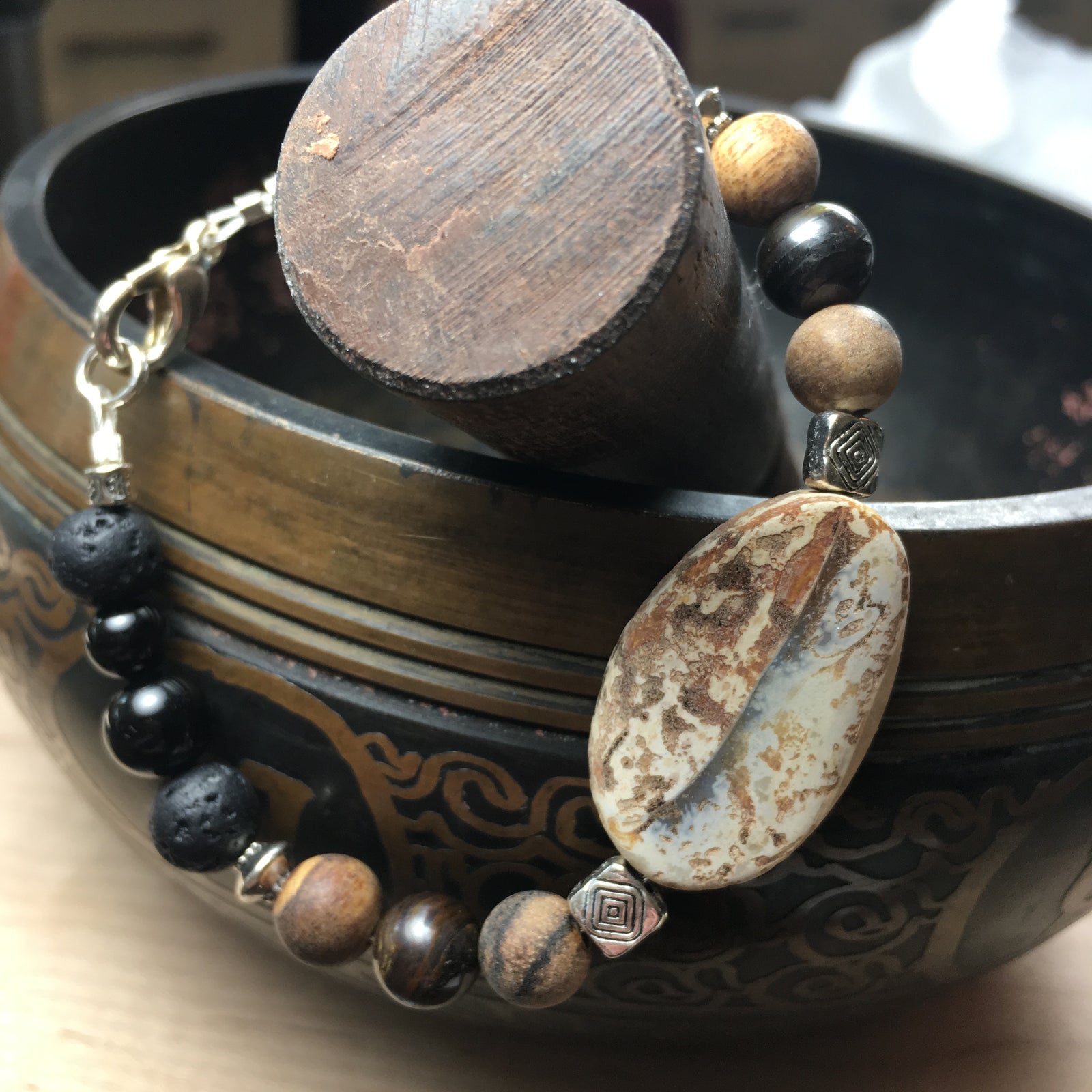 Tibetan Agate, Black Agate, Tiger Iron, Lava Rock, Sandalwood Bracelet
