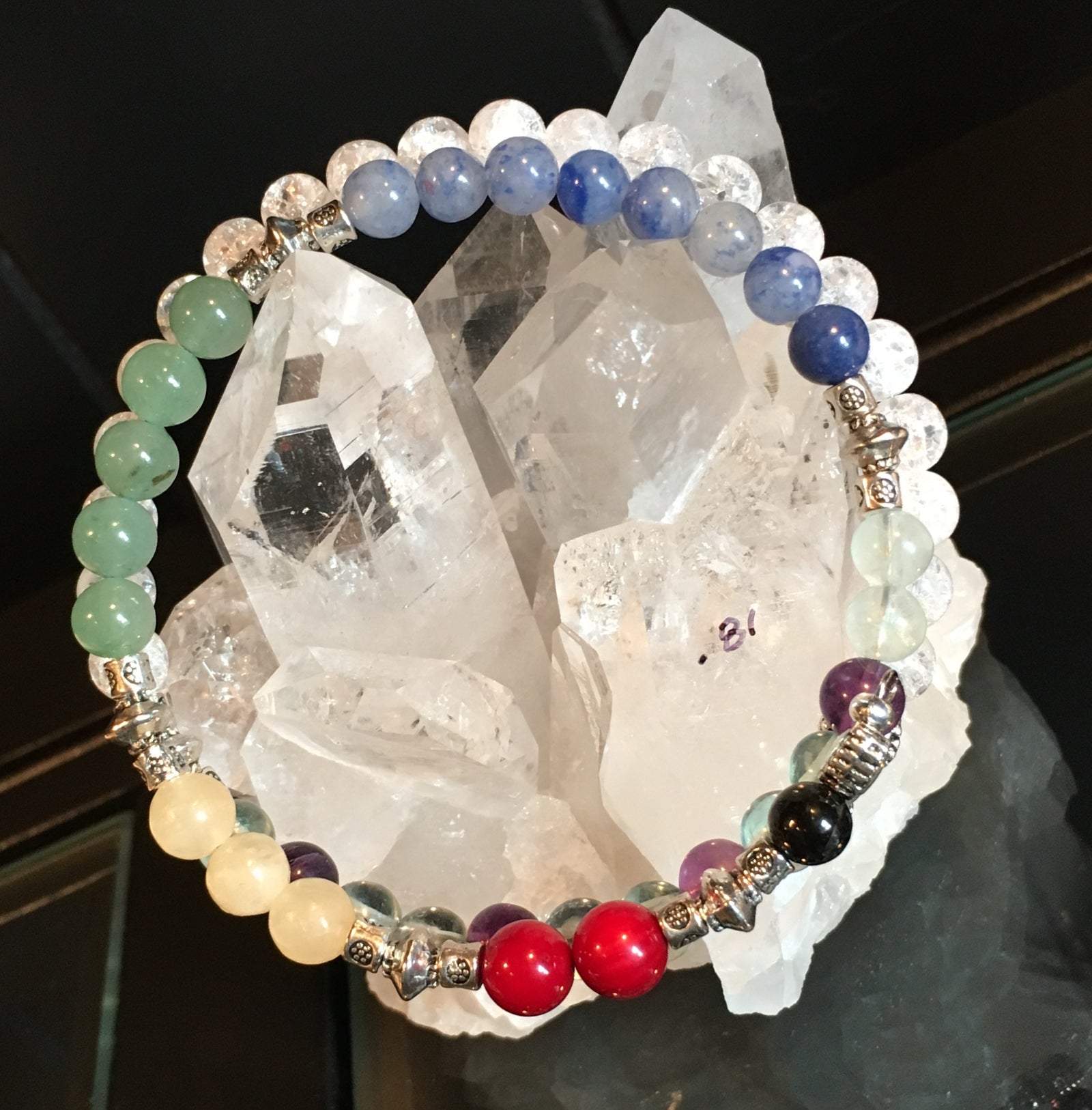 Fibonacci Spiral Sequence Chakra Bracelet with Jet, Red Coral, Yellow Calcite, Green Aventurine, Blue Aventurine, Fluorite, Clear Quartz Crackle
