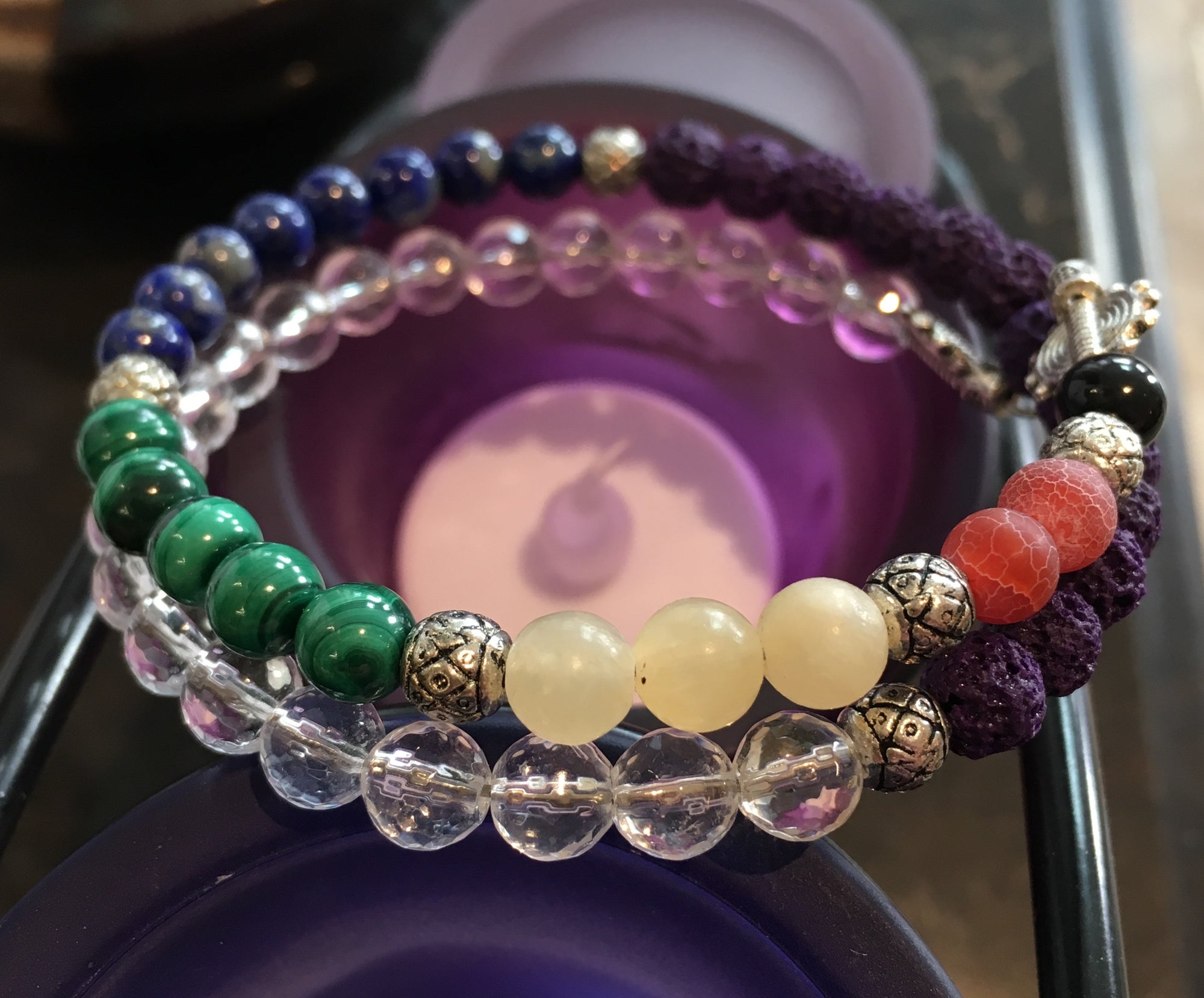 Fibonacci Chakra Sequence Bracelet with Black Tourmaline, Fire Crackle Agate, Yellow Calcite, Malachite, Lapis Lazuli, Purple Lava Rock, Clear Quartz Faceted