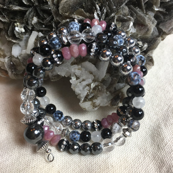 MALA Bracelet with Clear Quartz Faceted, Hematite Faceted, Black Onyx Rhinestone, Rondelle Ruby Faceted, Silver Hematite, Black Agate, White Moonstone, Dragon's Vein Faceted, Hematite GURU Bead, on memory wire