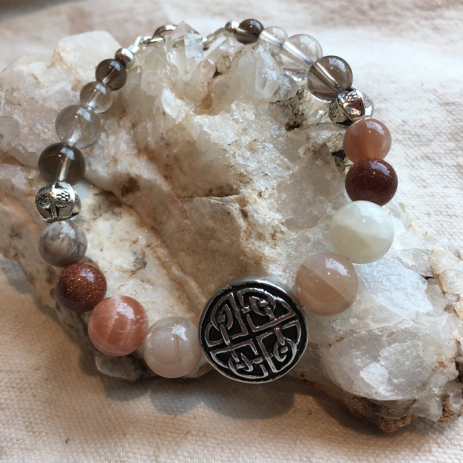 Moonstone, Smokey Quartz, Rutilated Quartz, Goldstone Bracelet with Pewter Celtic Protection Knot Amulet