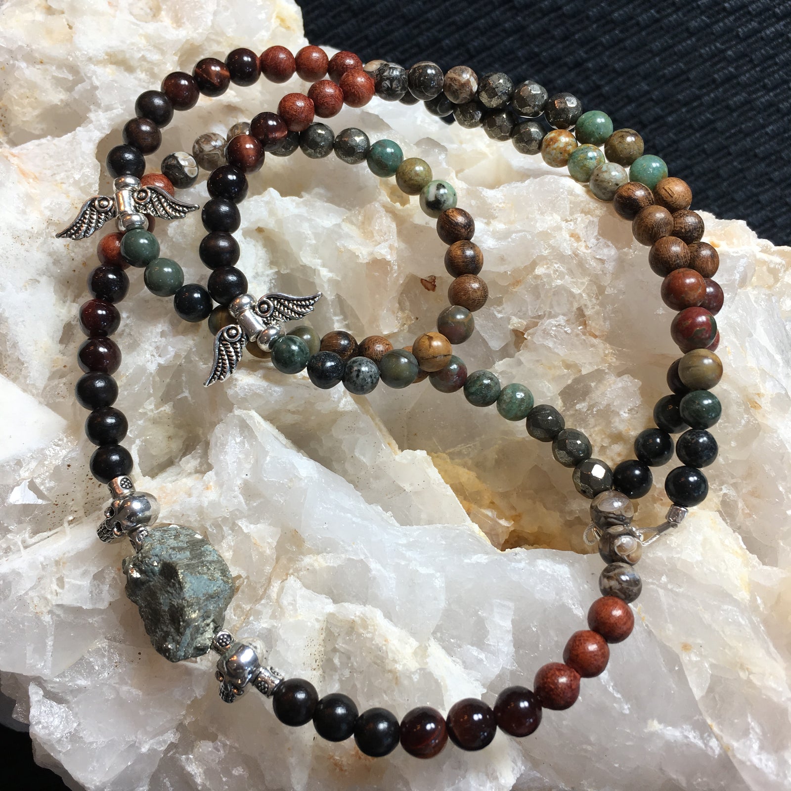 MALA Necklace, Black Sandalwood, Brecciated Jasper, Rosewood, Turritela Agate, Pyrite, Dragon's Blood, Tiger Skin Sandalwood, Picasso Jasper, Green Rhodonite, Raw Pyrite GURU Stone