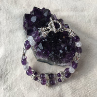 Amethyst, Crackle Quartz, and Clear Quartz Double Strand Bracelet with Pewter Toggle
