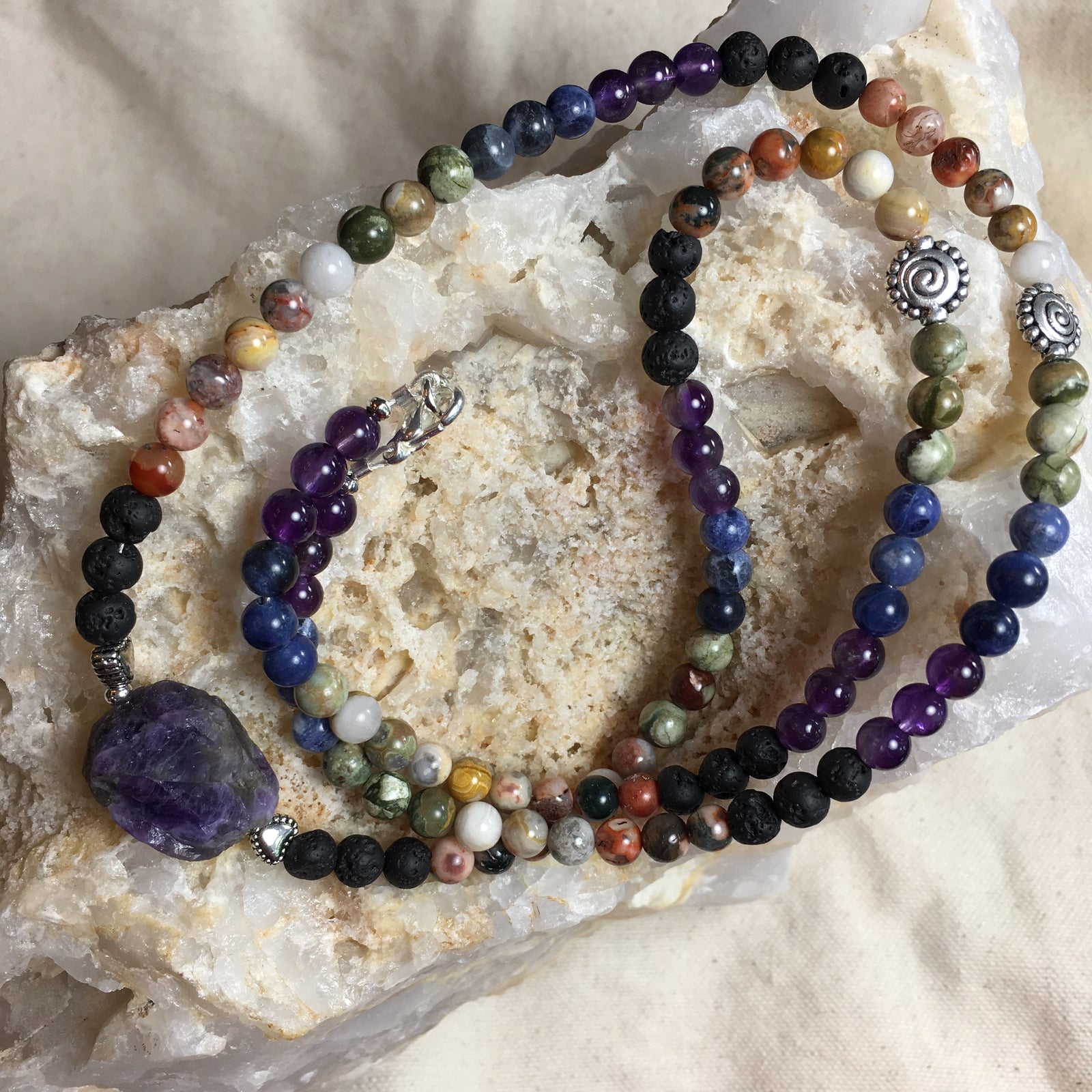 Mala Chakra Necklace: Lava Rock, Agate, Crazy Lace Agate, Rhyolite, Sodalite, Amethyst and with Amethyst GURU Stone