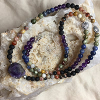 Mala Chakra Necklace: Lava Rock, Agate, Crazy Lace Agate, Rhyolite, Sodalite, Amethyst and with Amethyst GURU Stone