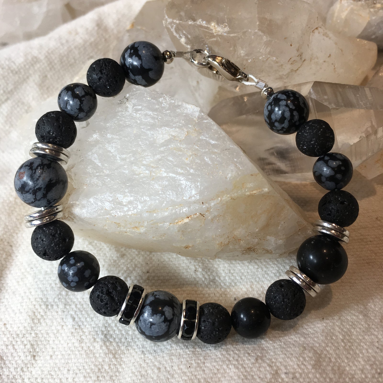 Snowflake Obsidian, Lava Rock Bracelet
