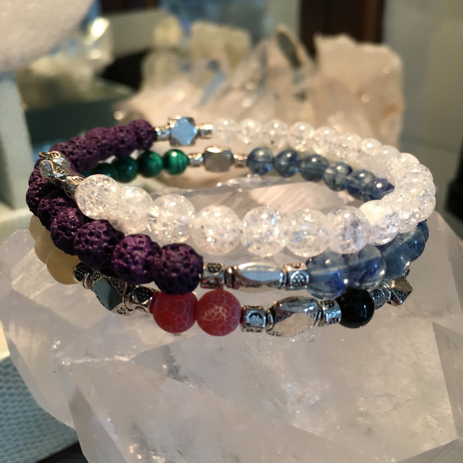 Fibonacci Sequence Chakra Bracelet with Black Onyx, Fire Crackle Agate, Yellow Calcite, Malachite, Blueberry Quartz, Purple Lava Rock, Clear Quartz Crackle