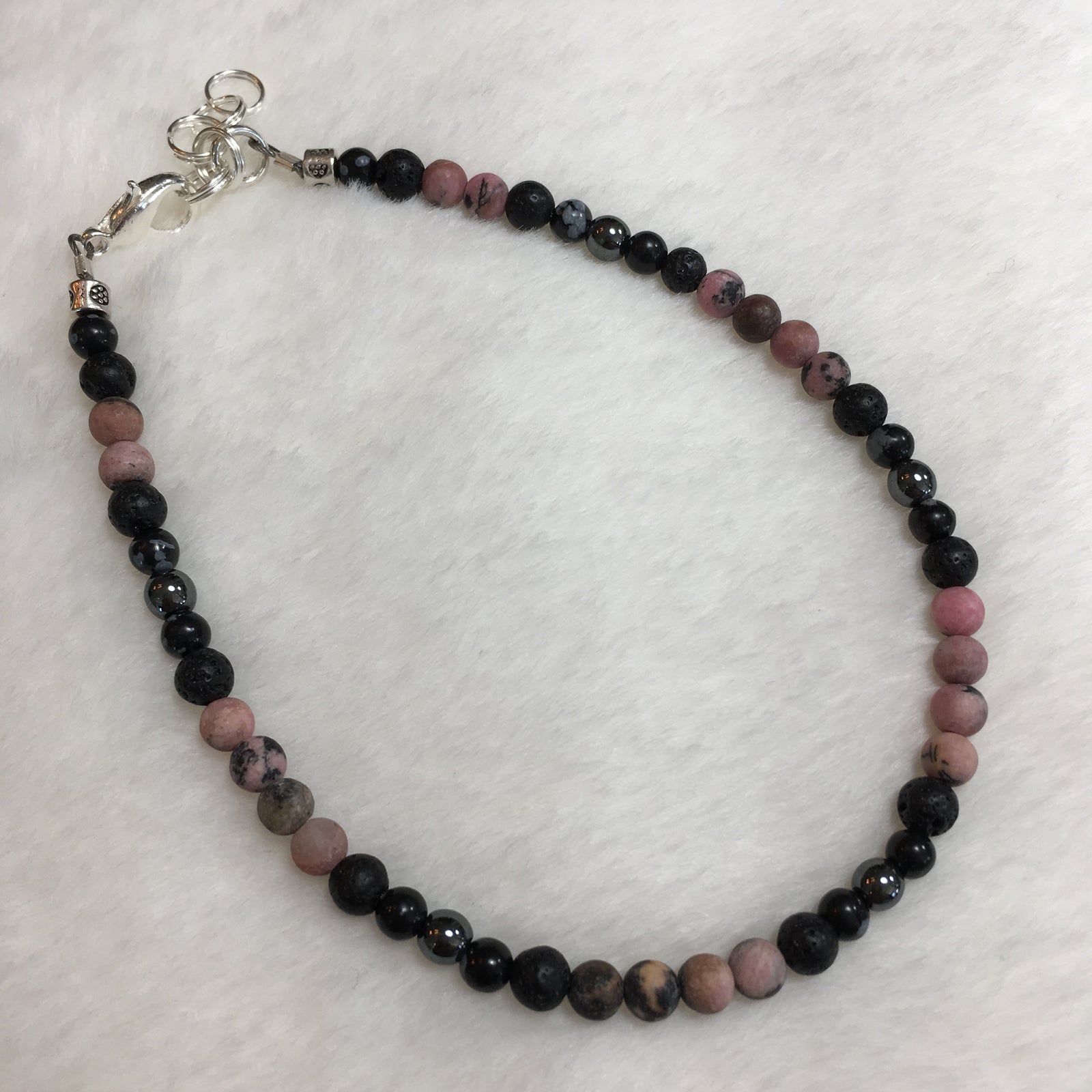 Rhodonite Matte, Lava Rock, Snowflake Obsidian, Hematite Anklet