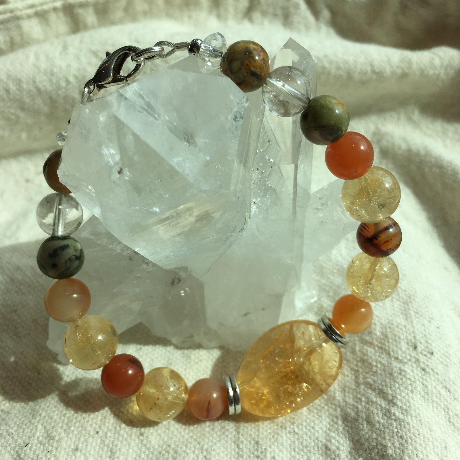 Citrine, Carnelian, Rhyolite, Rutilated Quartz, Crazy Lace Agate Bracelet