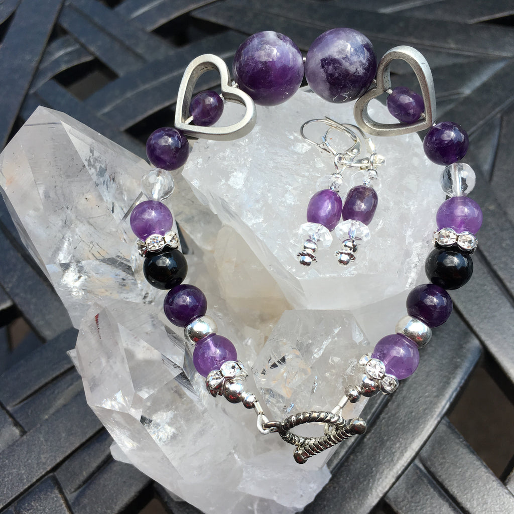   Amethyst, Black Tourmaline and Clear Quartz Bracelet with Pewter Hearts, Brass Toggle  