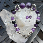 Amethyst, Black Tourmaline and Clear Quartz Bracelet with Pewter Hearts, Brass Toggle