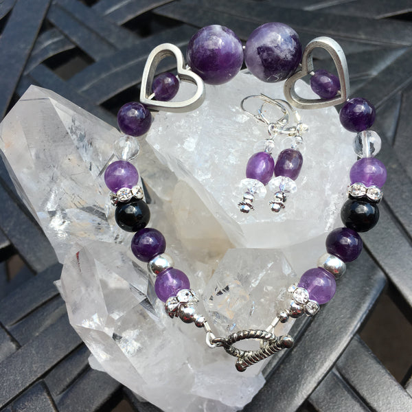 Amethyst, Black Tourmaline and Clear Quartz Bracelet with Pewter Hearts, Brass Toggle