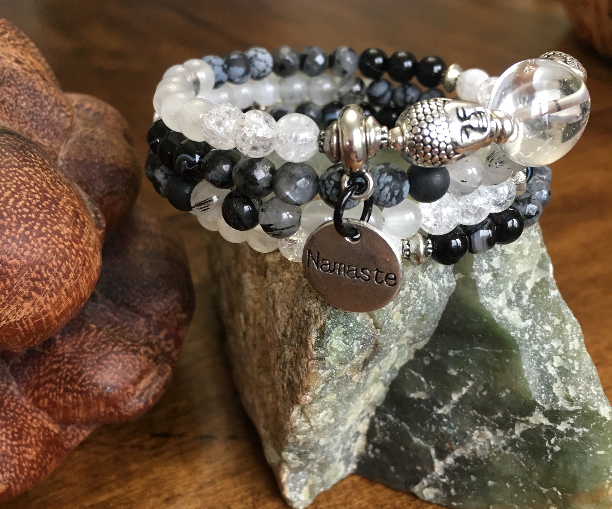 MALA Bracelet with Black Dyed Agate, Black Faceted Labradorite, Snowflake Obsidian, Black Rutilated Quartz, White Moonstone, Crackle Clear Quartz, and Clear Quartz GURU Bead, on memory wire