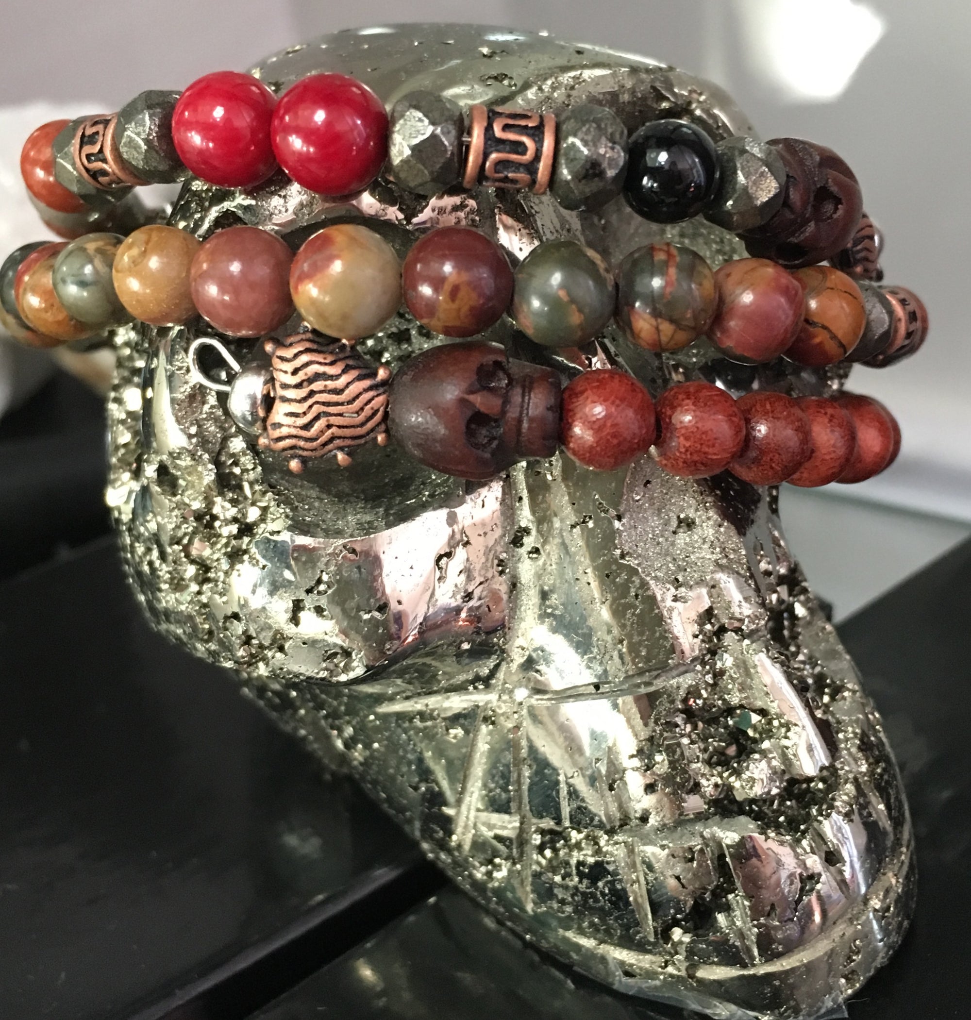 Fibonacci Sequence Bracelet with Black Tourmaline, Red Coral, Polychrome Jasper, Gold Hematite, Red Sandalwood, Picasso Jasper, Rosewood, Pyrite