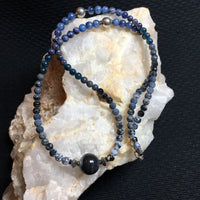 MALA Necklace—Dragon's Vein, Snowflake Obsidian, Agate, Black Crackle and Faceted, Blue Sponge Coral, Apatite, Blue Sapphire, Sodalite, Kyanite, Amazonite GURU Bead