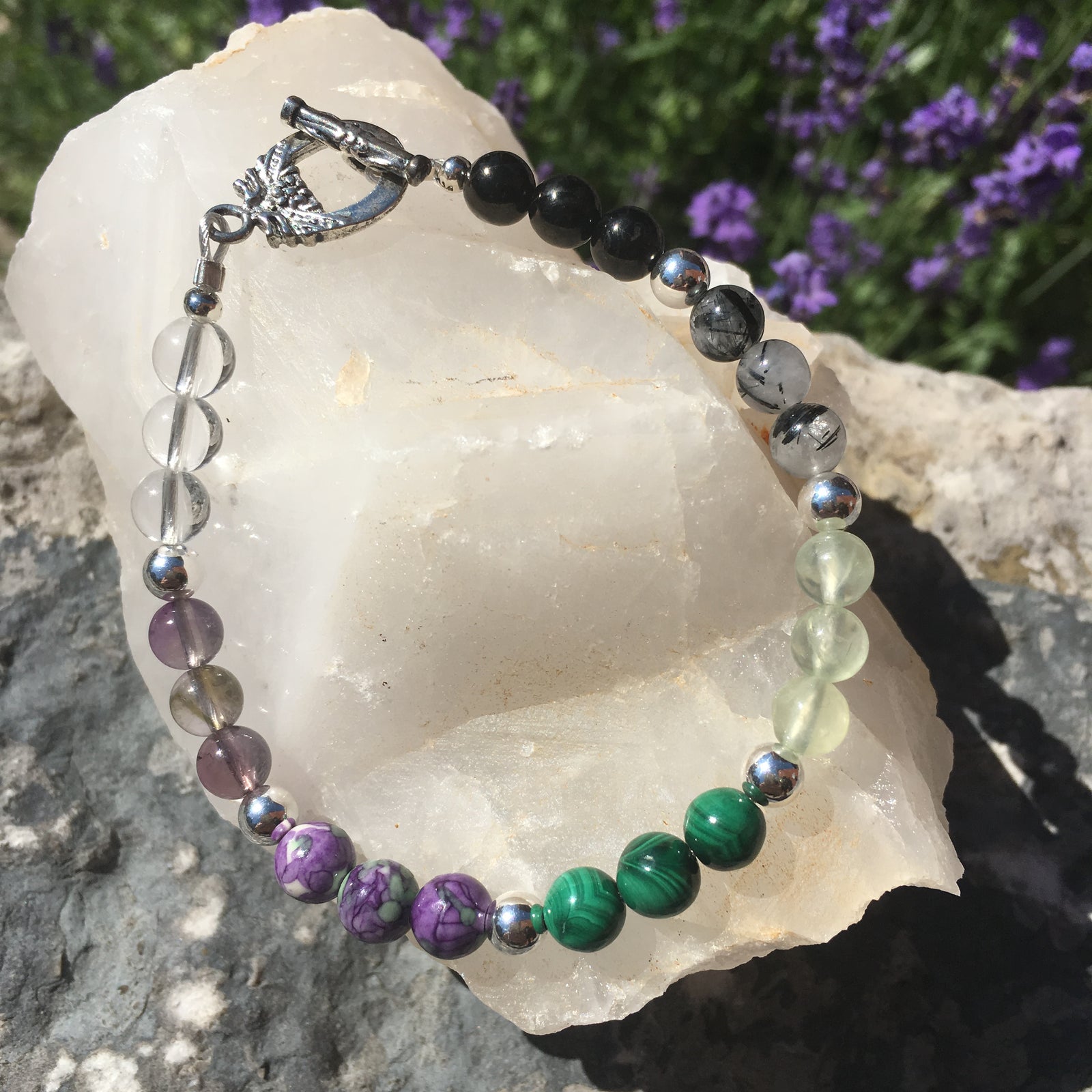 Jet, Black Rutilated Quartz, Prehnite, Malachite, Rainflower (Yuhua), Ametrine, Clear Quartz Bracelet with Toggle