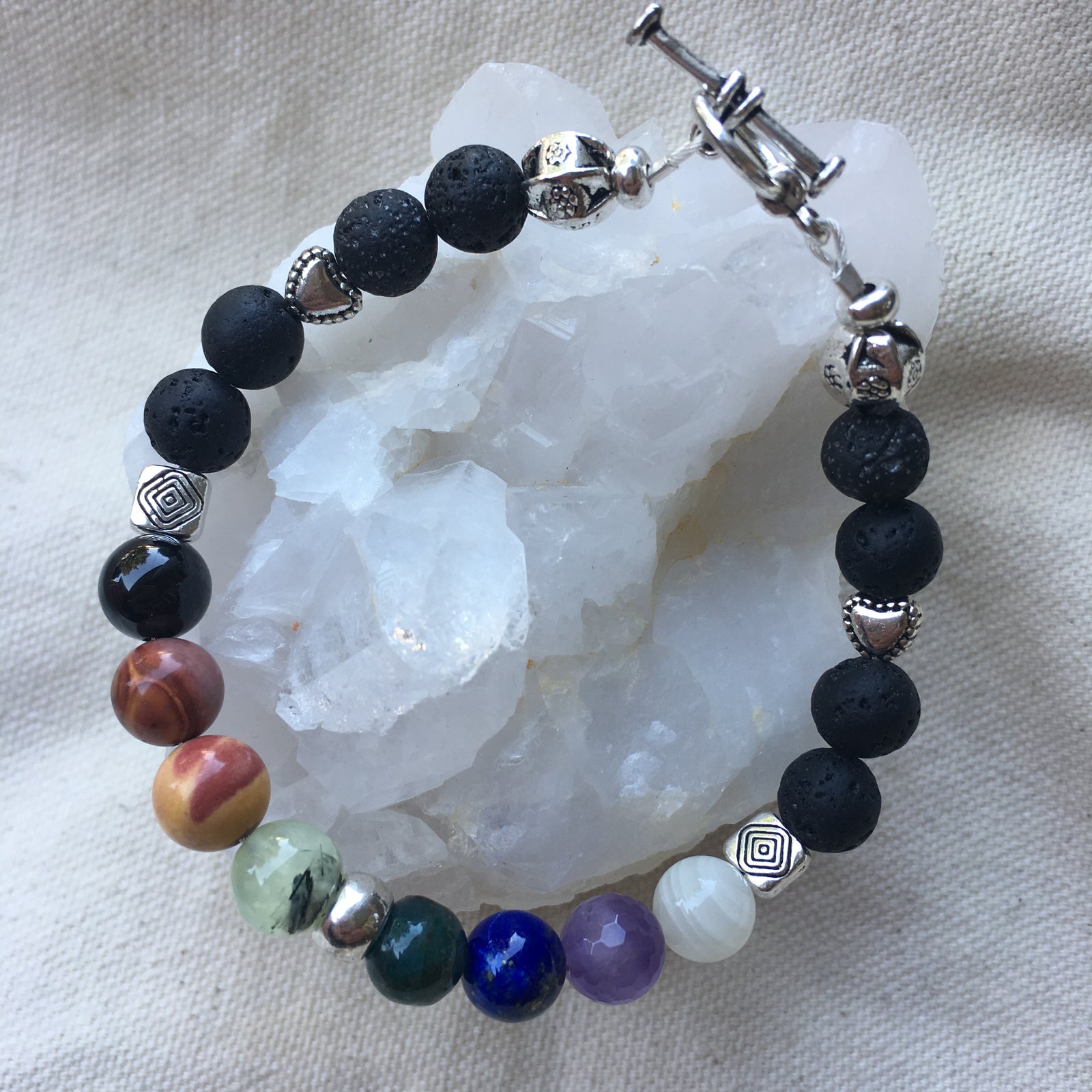 Chakra Bracelet with Lava Rock, Black Tourmaline, Polychrome Jasper, Mookaite, Green Tourmaline, Apatite, Lapis Lazuli, Amethyst, Moonstone