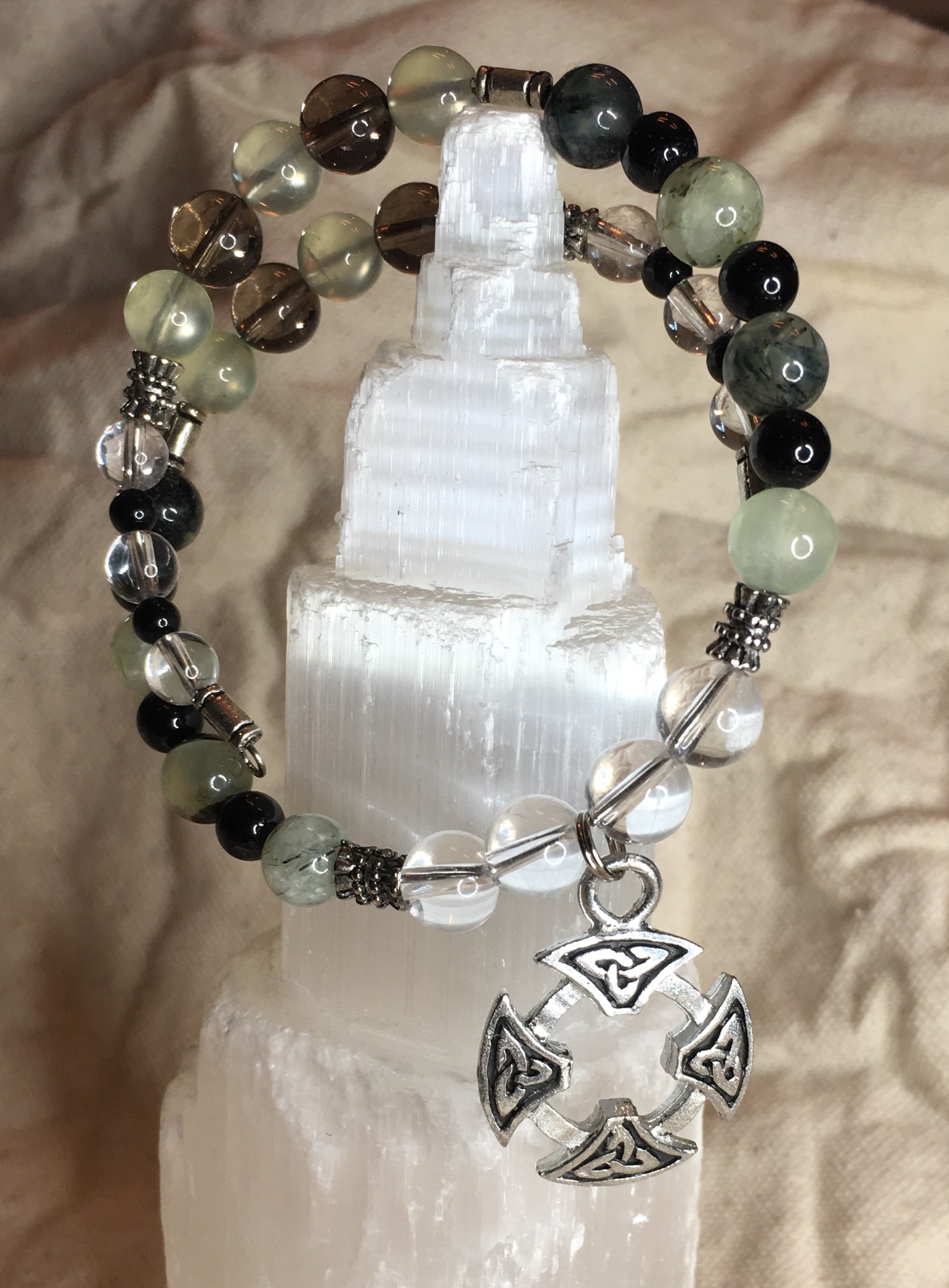 Clear Quartz, Green Tourmaline, Black Tourmaline, Prehnite, Smokey Quartz Bracelet with Pewter Celtic 'Triquetra for Longevity' Amulet