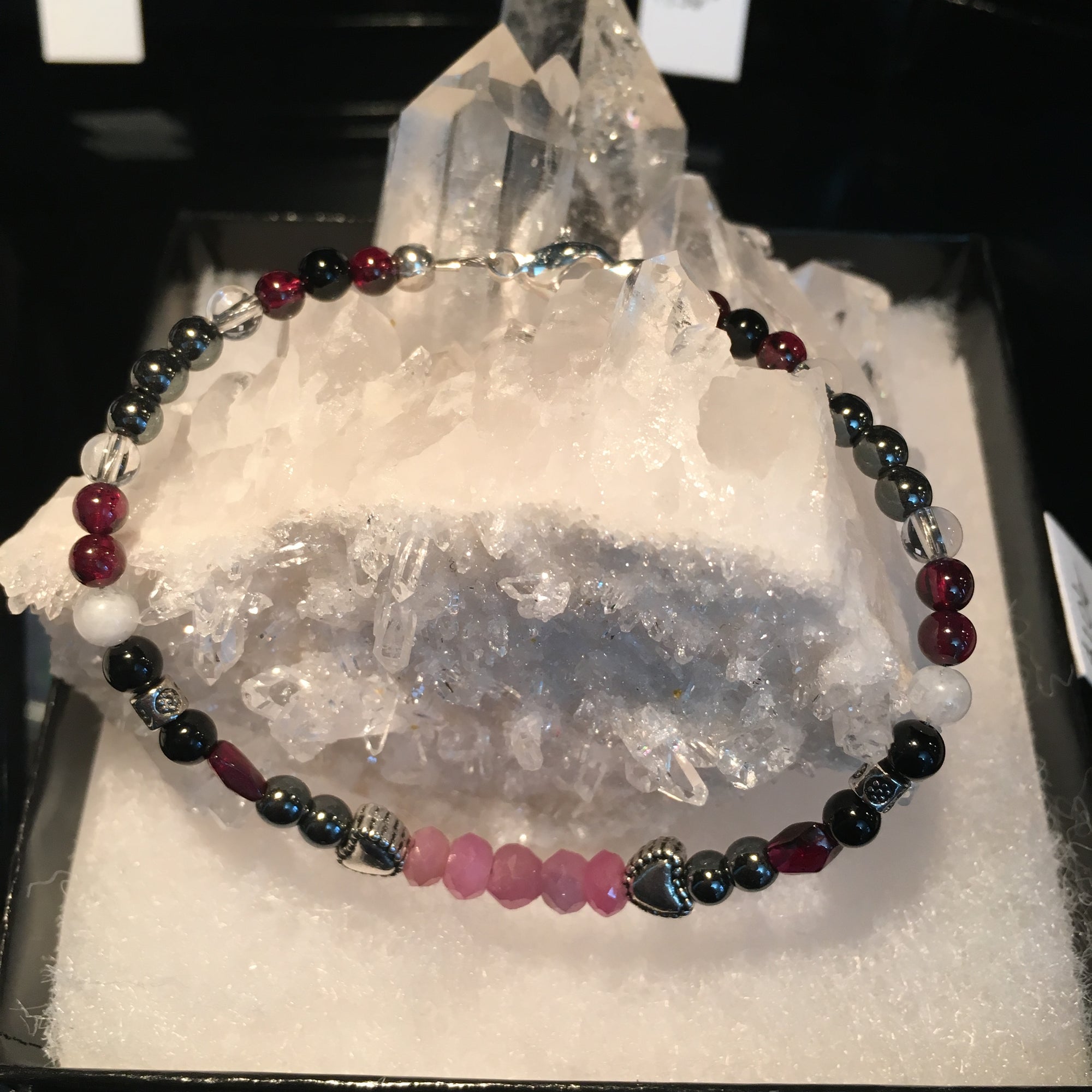 Ruby Rondelle Faceted, Hematite, Garnet, Clear Quartz, White Moonstone, Black Agate Bracelet