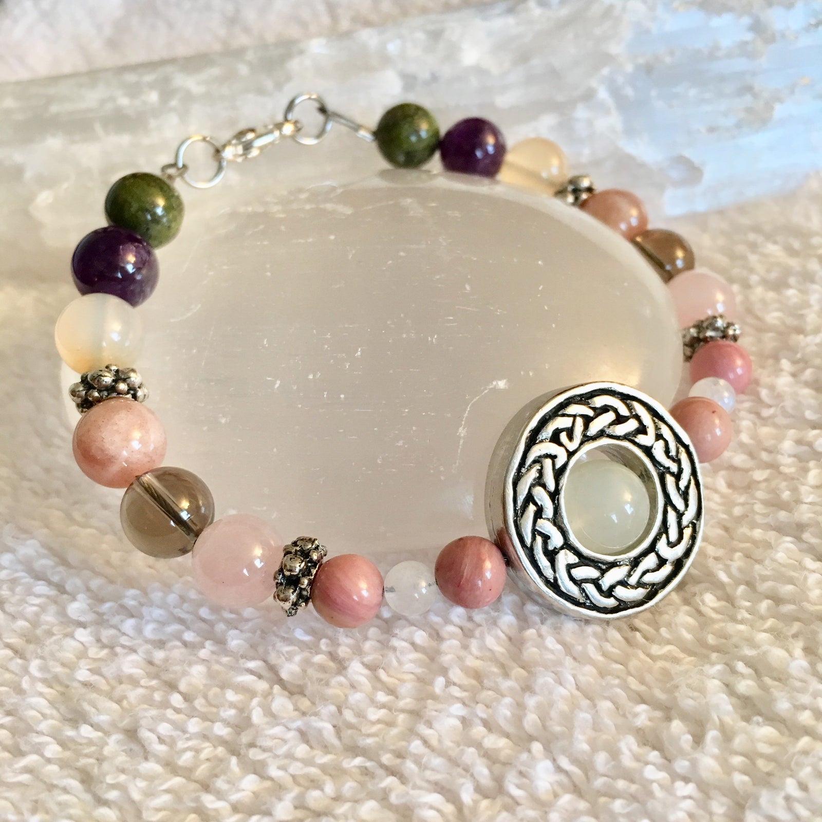 Moonstone, Rhodonite, Carnelian, Unakite, Rose Quartz, Amethyst, Smokey Quartz Bracelet with Pewter Round Celtic Knot