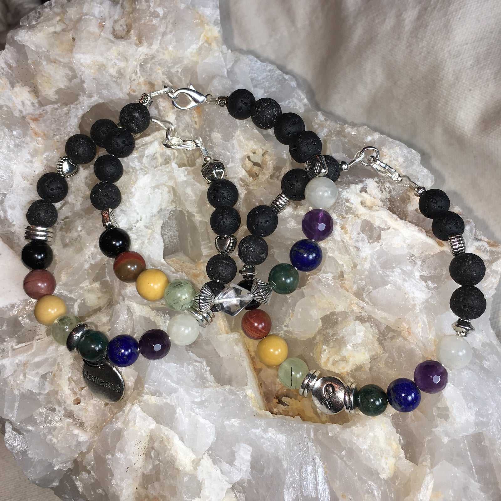 Chakra Bracelet with Lava Rock, Black Tourmaline, Polychrome Jasper, Mookaite, Green Tourmaline, Apatite, Lapis Lazuli, Amethyst, Moonstone
