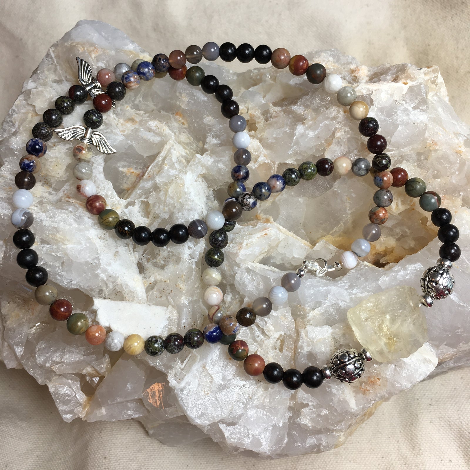 Chakra MALA Necklace with Black Sandalwood, Picasso Jasper, Crazy Lace Agate, Dragon's Blood, Orange Sodalite, Botswana Agate, and a Citrine Guru Stone
