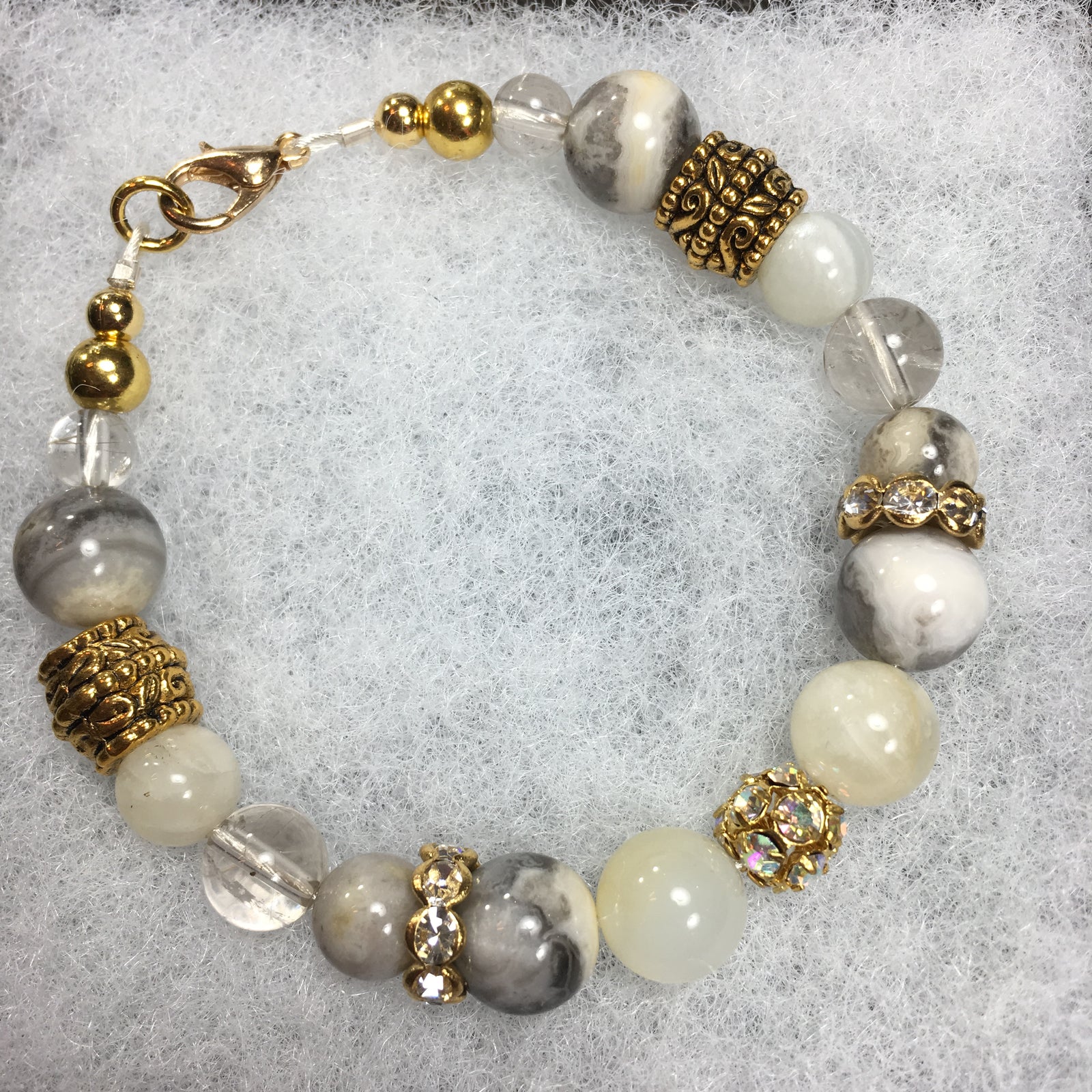 Moonstone, Crazy Lace Agate, Rutilated Quartz, Rhinestone Bracelet