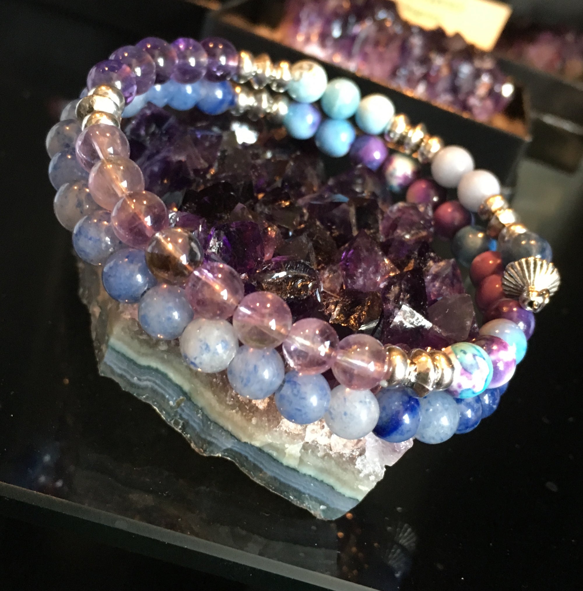 Fibonacci Sequence Bracelet with Kyanite, Angelite, Larimar, Amethyst, Ametrine, Blue Rainflower (Yuhua), Blue Aventurine