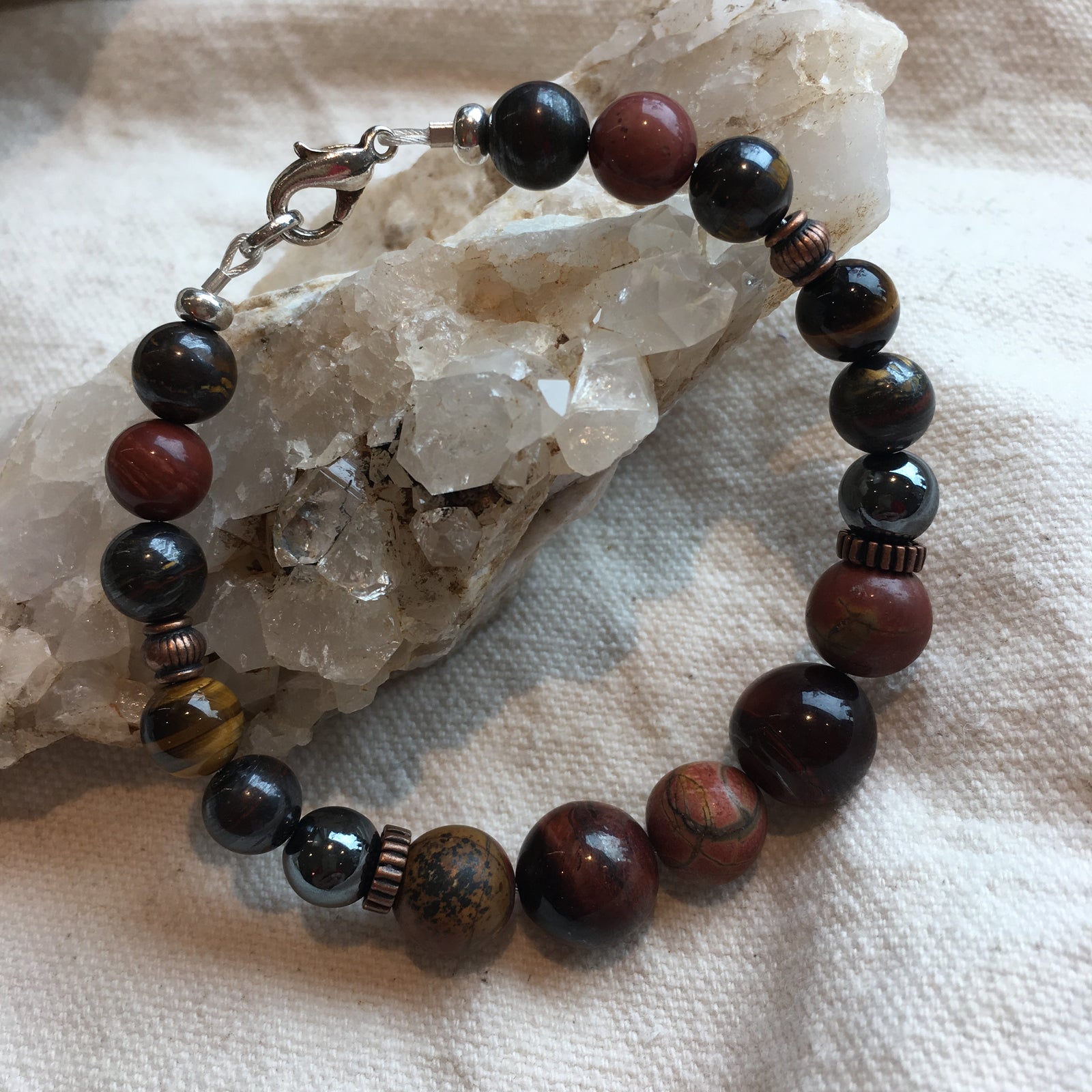 Red Tiger Eye, Cherry Creek Jasper, Hematite, Tiger Iron, Polychrome Jasper, Yellow/Brown Tiger Eye Bracelet