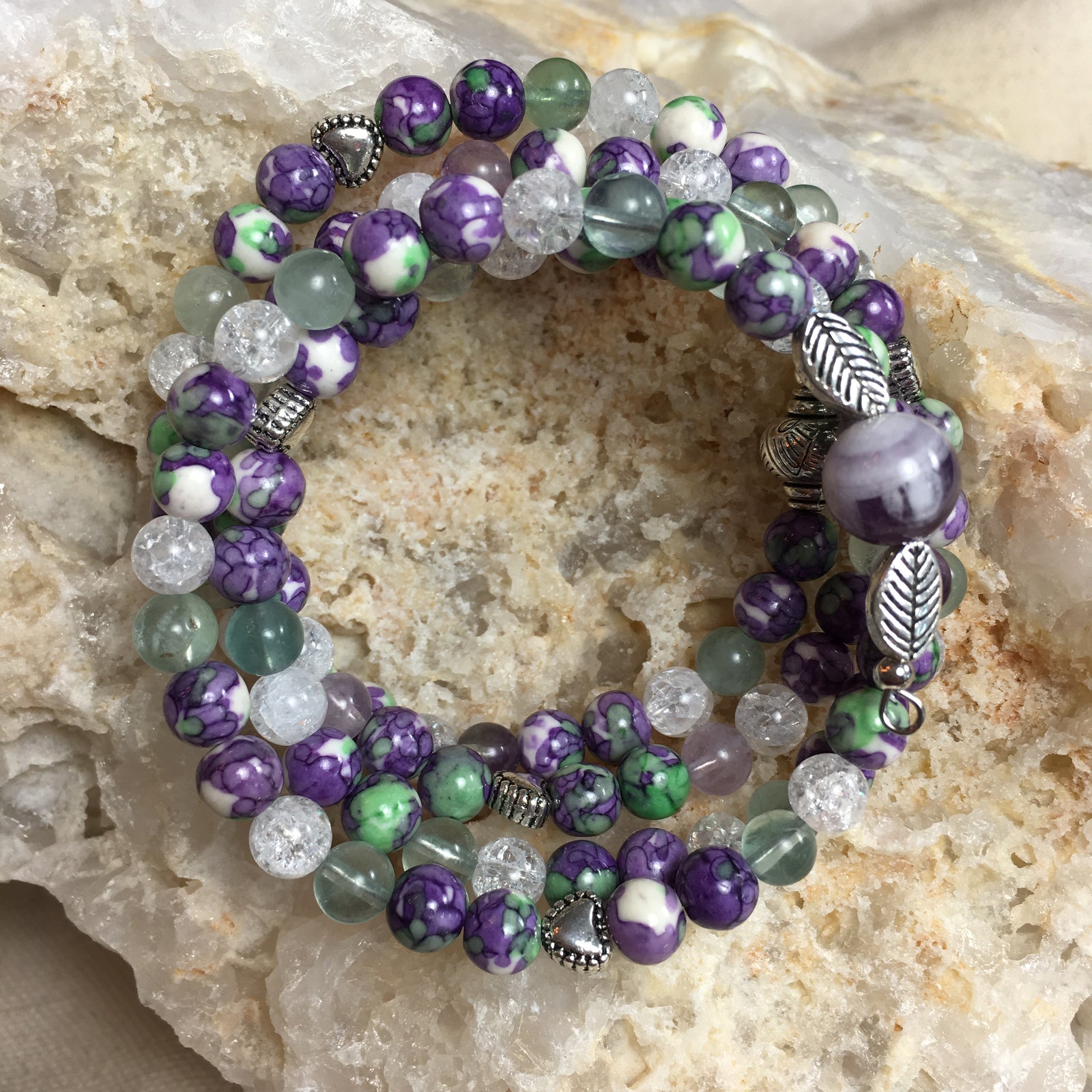 MALA Bracelet with Rainflower (Yuhua), Fluorite, Crackle Clear Quartz, Banded Amethyst GURU Bead, on memory wire