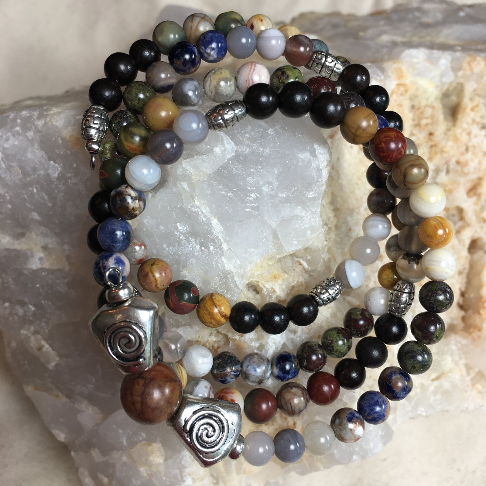 Chakra MALA Bracelet with Black Sandalwood, Picasso Jasper, Crazy Lace Agate, Dragon's Blood, Orange Sodalite, Botswana Agate, and a Cherry Creek Jasper Guru Stone