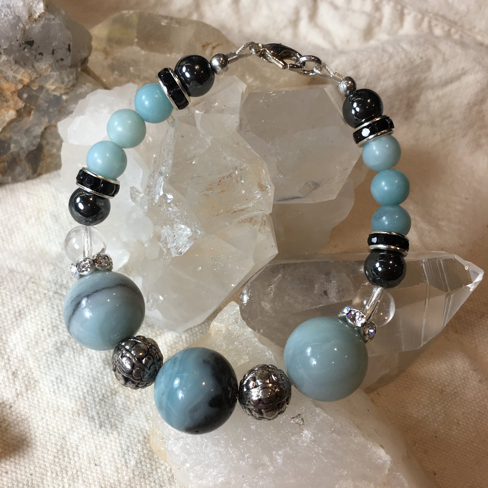 Amazonite, Clear Quartz, Hematite Bracelet