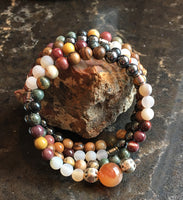 Mala Chakra Bracelet with Hematite, Tiger Skin Sandalwood, Picasso Jasper, Green Rhodonite, Mookaite, Matte Geode Agate, and Carnelian Guru Stone