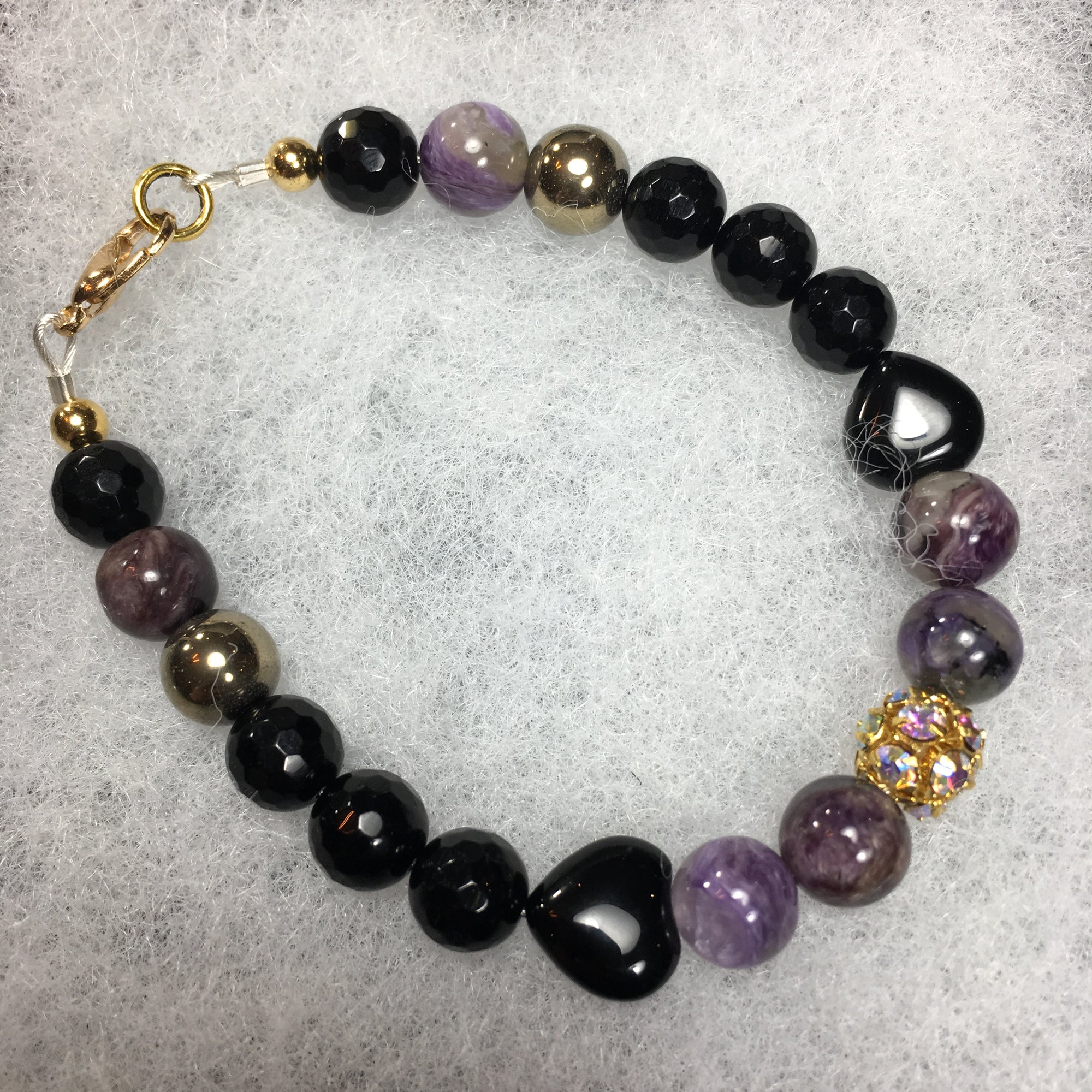 Charoite, Black Agate Hearts, Black Onyx Faceted, Gold Hematite, Gold Crystal Rhinestone Bracelet