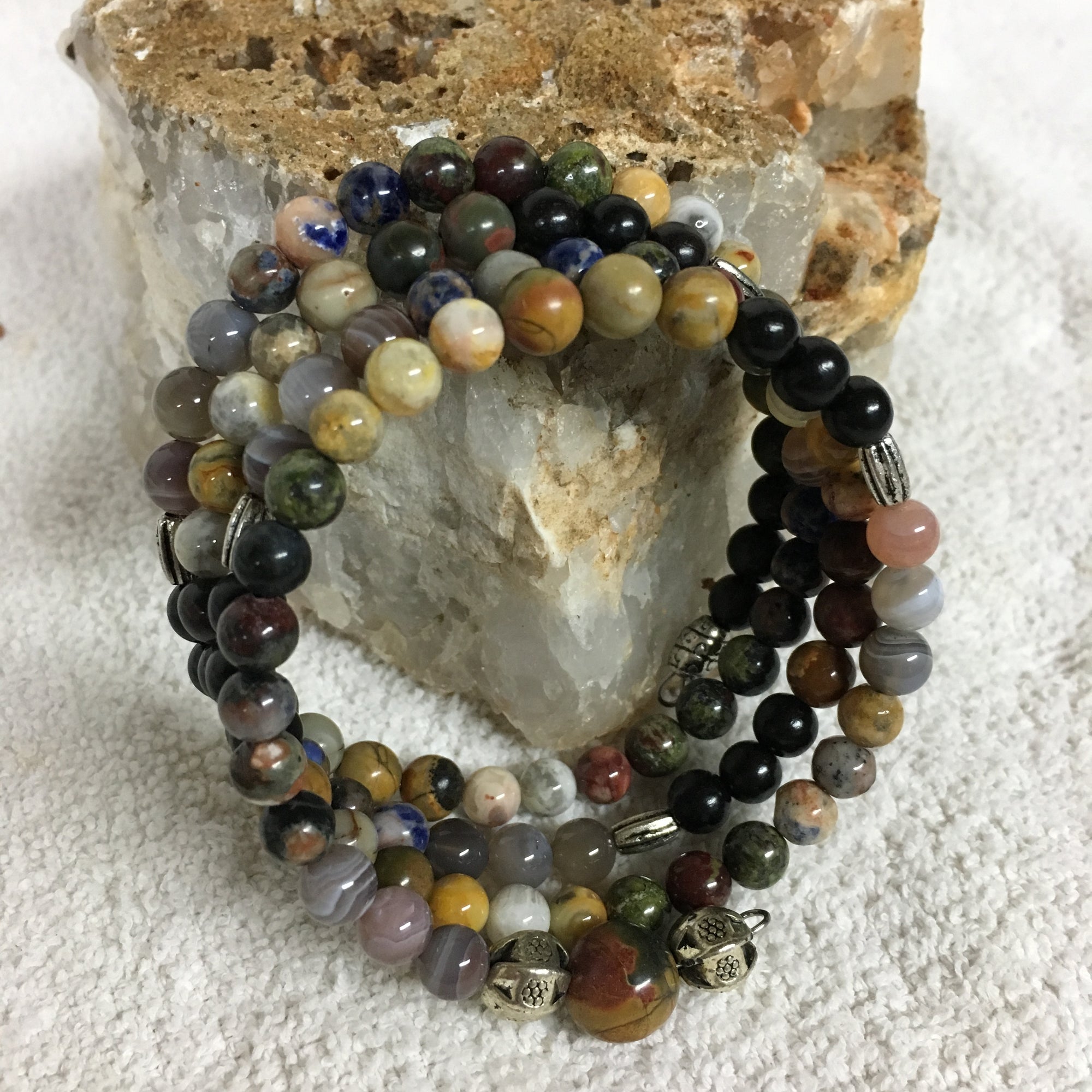 Chakra MALA Bracelet with Black Sandalwood, Picasso Jasper, Crazy Lace Agate, Dragon's Blood, Orange Sodalite, Botswana Agate, and a Cherry Creek Jasper Guru Stone