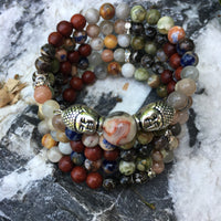 Chakra MALA Bracelet with Turritella Agate, Red Sandalwood, Crazy Lace Agate, Rhyolite, Orange Sodalite, Moonstone, and Crazy Lace Agate Guru Stone