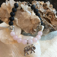 Lava Rock and Rose Quartz Bracelet with Elephant Amulet