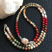 MALA Necklace—Red Coral, Mookaite, Tiger Jasper, Agate, Crazy Lace Agate, Picasso Jasper, Rhyolite, Polychrome Jasper, Moonstone with Crazy Lace Agate GURU