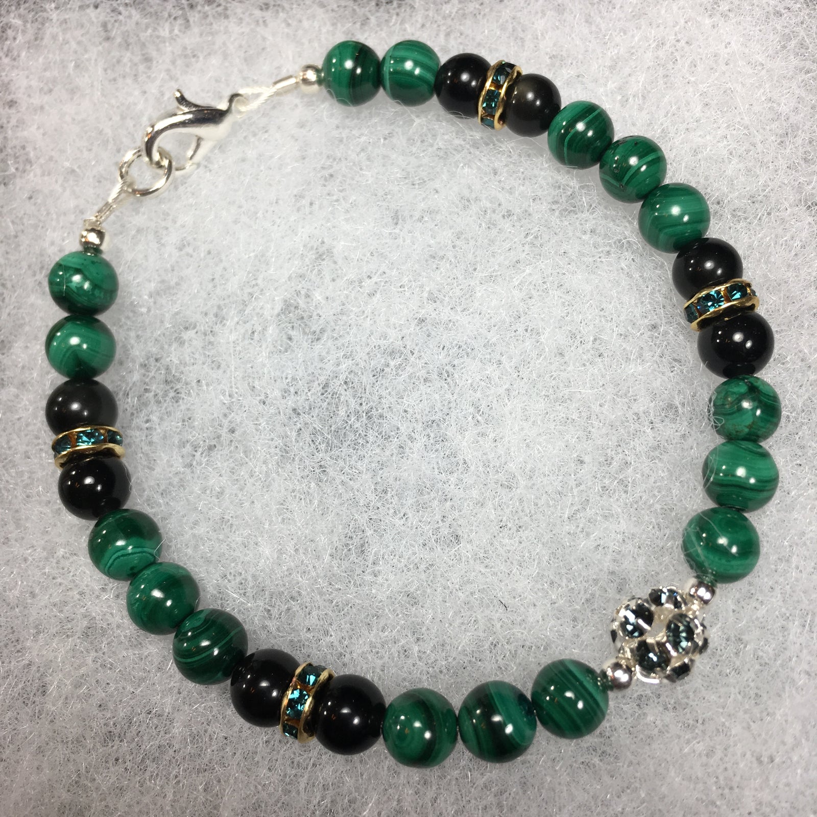 Malachite, Rainbow Obsidian, and Silver Montana Rhinestone Bracelet