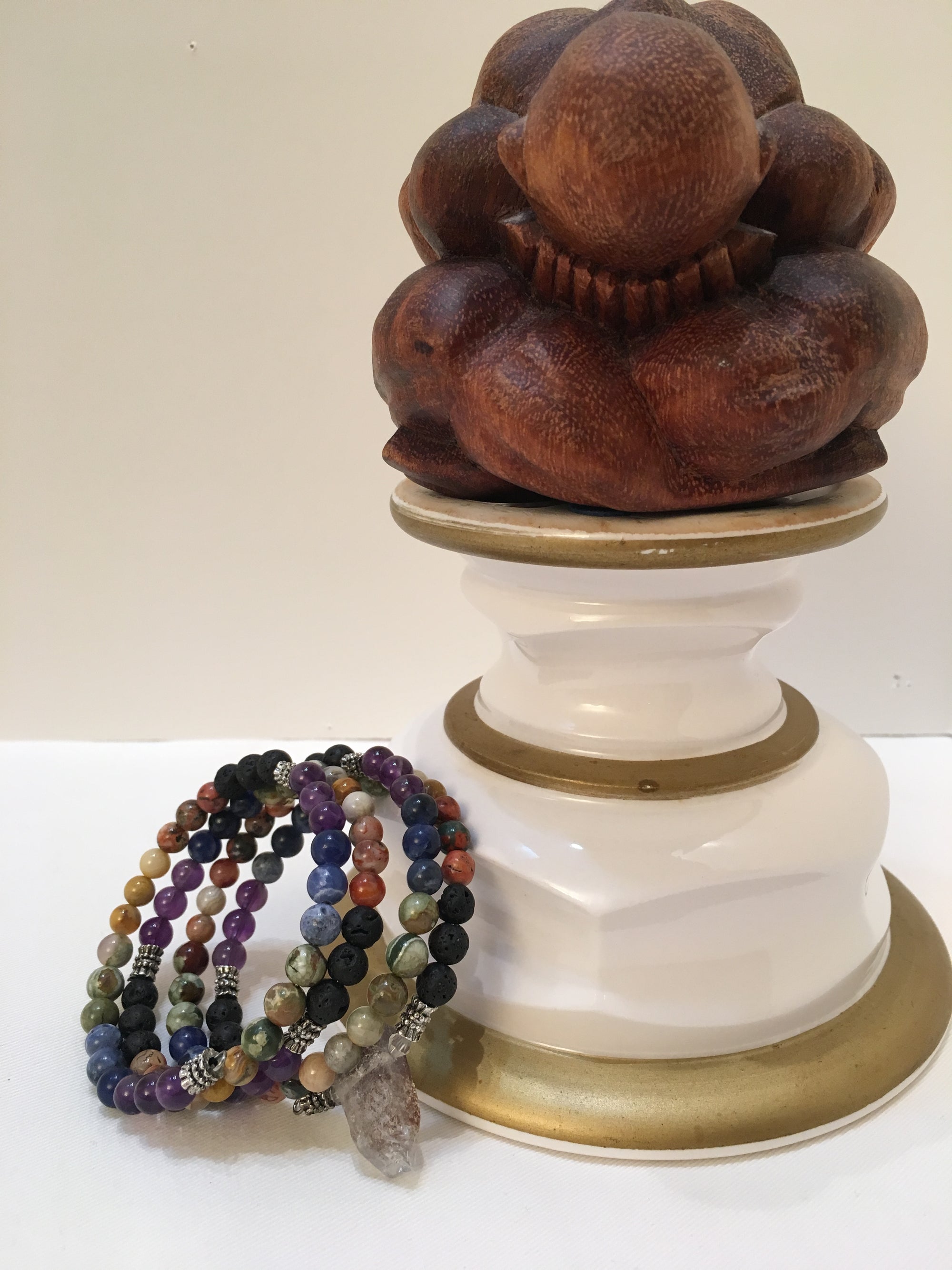 Mala Chakra Bracelet: Lava Rock, Agate, Crazy Lace Agate, Rhyolite, Sodalite, Amethyst and with a Phantom Quartz Guru Stone