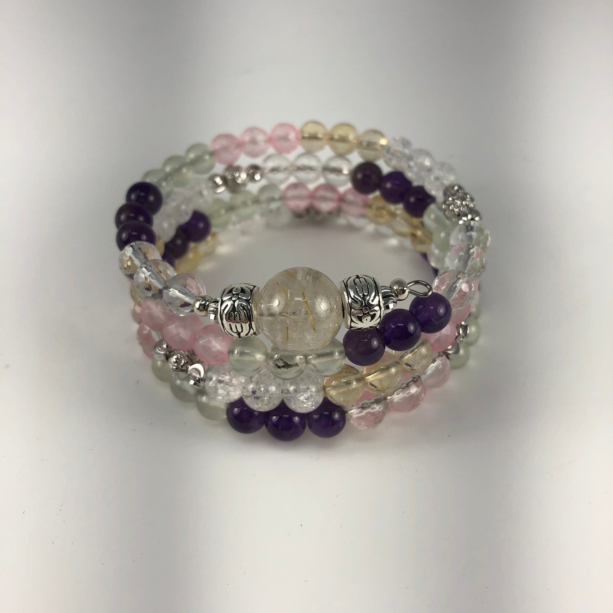 MALA BRACELET, RUTILATED QUARTZ GURU BEAD