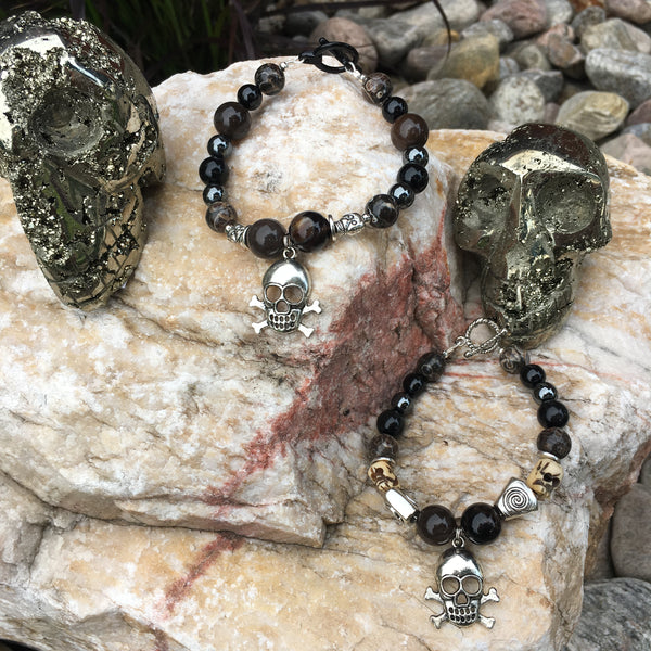 Unisex Bracelets with Petrified Wood, Rainbow Obsidian, Turritella Agate, Black Tourmaline, and Hematite