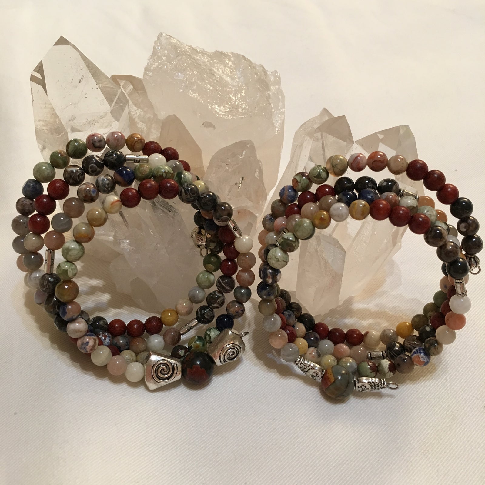 Chakra MALA Bracelet with Turritella Agate, Red Sandalwood, Crazy Lace Agate, Rhyolite, Orange Sodalite, Moonstone, and a Cherry Creek Jasper Guru Stone