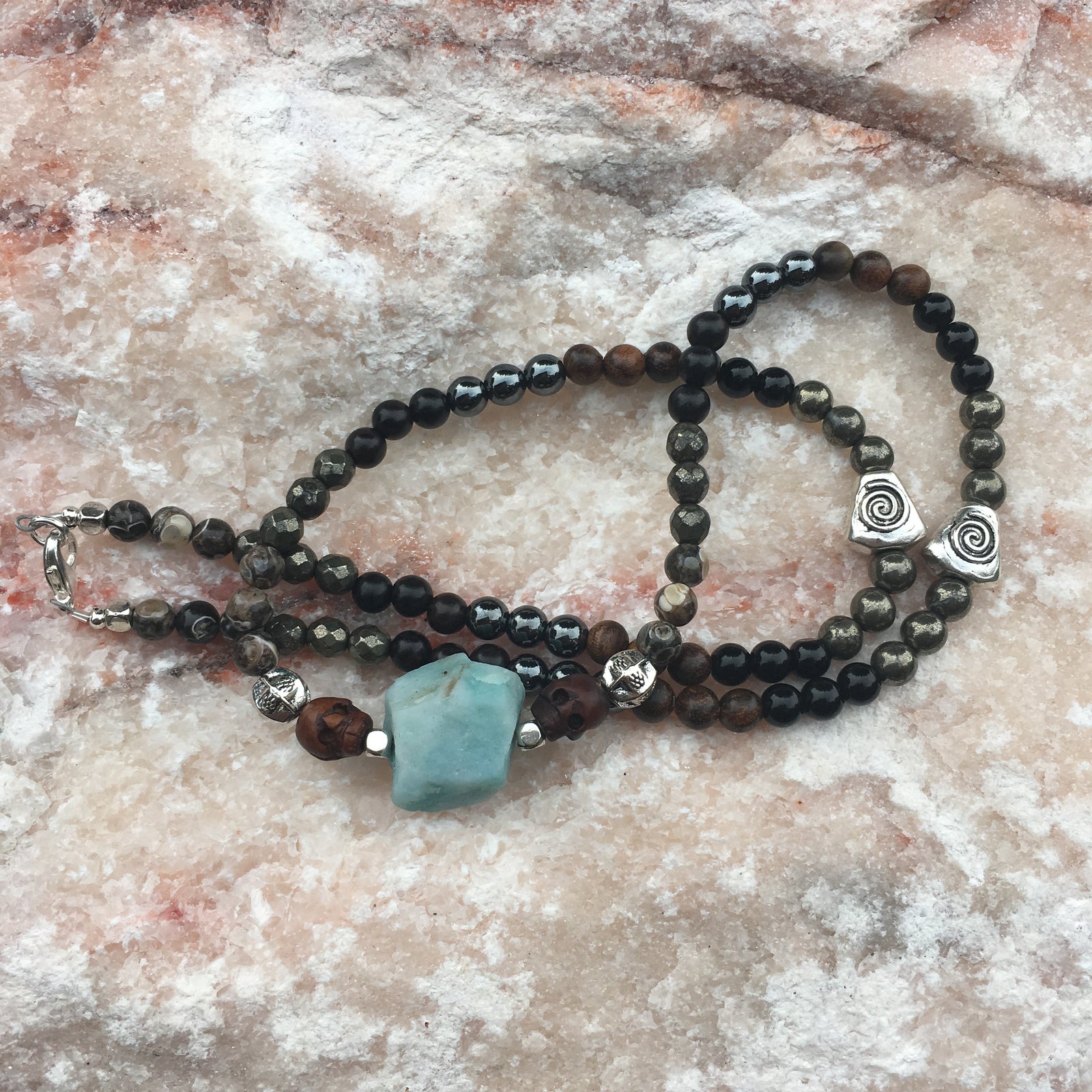 MALA Necklace with Pyrite, Black Onyx, Tiger Skin Sandalwood, Hematite, Black Sandalwood, Faceted Pyrite, Turritella Agate, and Raw Amazonite Guru stone