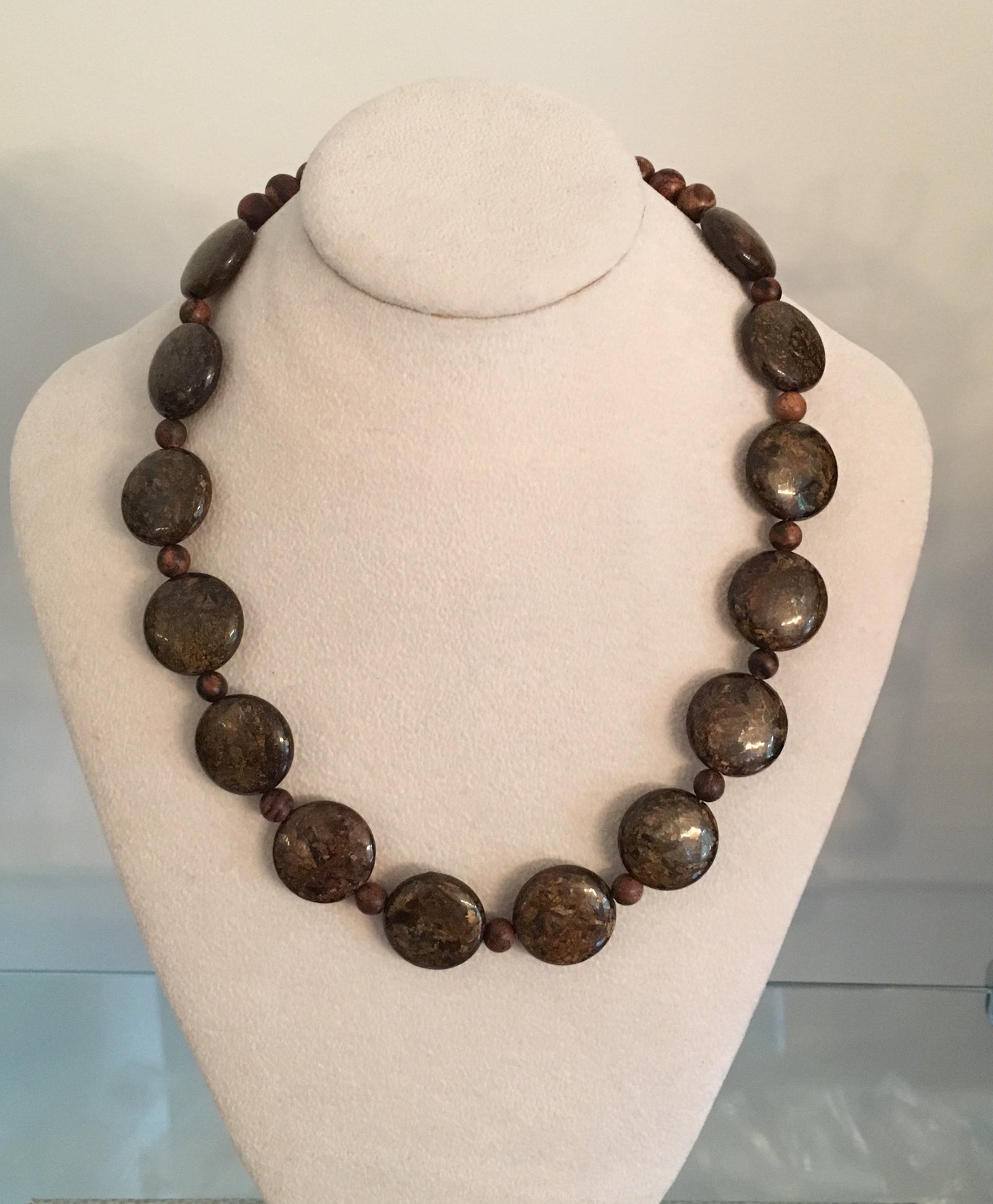 Bronzite, Sandalwood, Tiger Skin Sandalwood Necklace with Brass Toggle